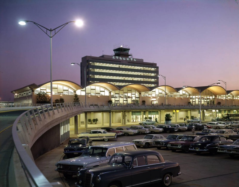 Atlanta airport terminal and parked cars in 1961