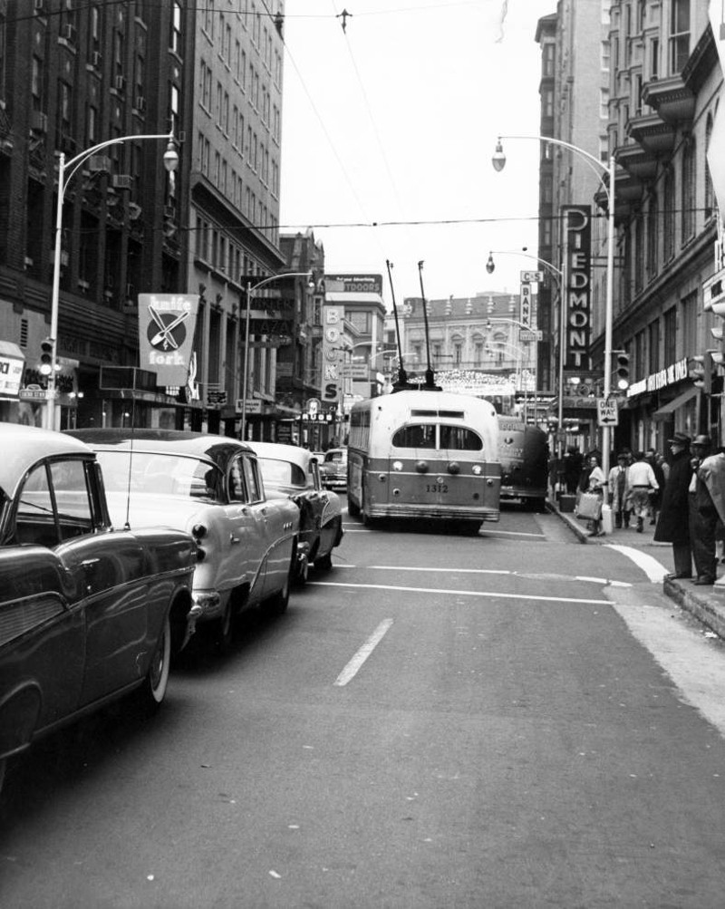 Cars, a bus and pedestrians on busy Forsyth Street in Atlanta in 1965