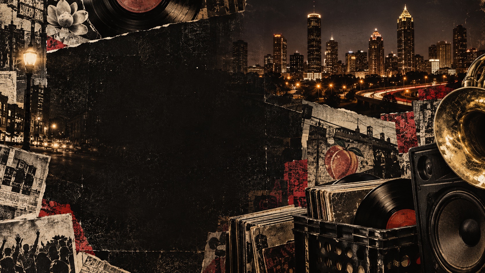 Old Atlanta editorial collage of the night skyline, historic streets, and records